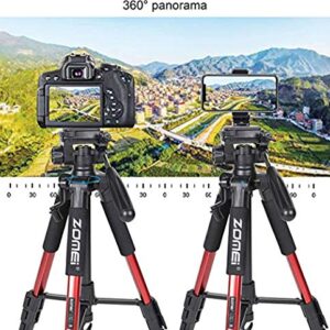 55" Tripod Q111 Travel Camera Tripod with 3-Way Pan Head and Phone Holder Mount for Gopro,Projector,Smartphones Webcam,Spotting Scopesto Live Broadcast and DSLR EOS Canon Nikon Sony Samsung(Red)