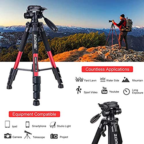 55" Tripod Q111 Travel Camera Tripod with 3-Way Pan Head and Phone Holder Mount for Gopro,Projector,Smartphones Webcam,Spotting Scopesto Live Broadcast and DSLR EOS Canon Nikon Sony Samsung(Red)