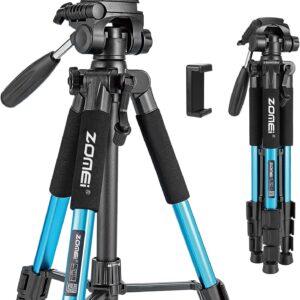 Portable 55-inch Camera Tripod Q111 Lightweight Phone Stand with Phone Holder and Quick Release Plate for DSLR Cameras,Cell Phones,Projector,Webcam,Spotting Scopes Canon EOS Nikon Sony Samsung(Blue)