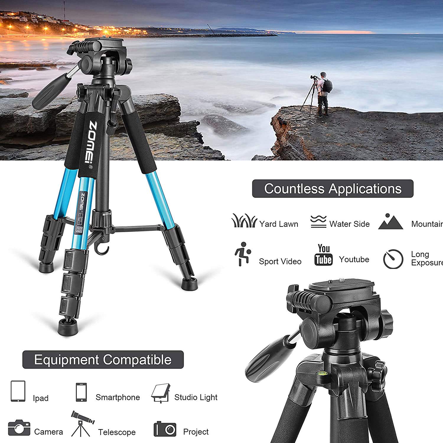 Portable 55-inch Camera Tripod Q111 Lightweight Phone Stand with Phone Holder and Quick Release Plate for DSLR Cameras,Cell Phones,Projector,Webcam,Spotting Scopes Canon EOS Nikon Sony Samsung(Blue)