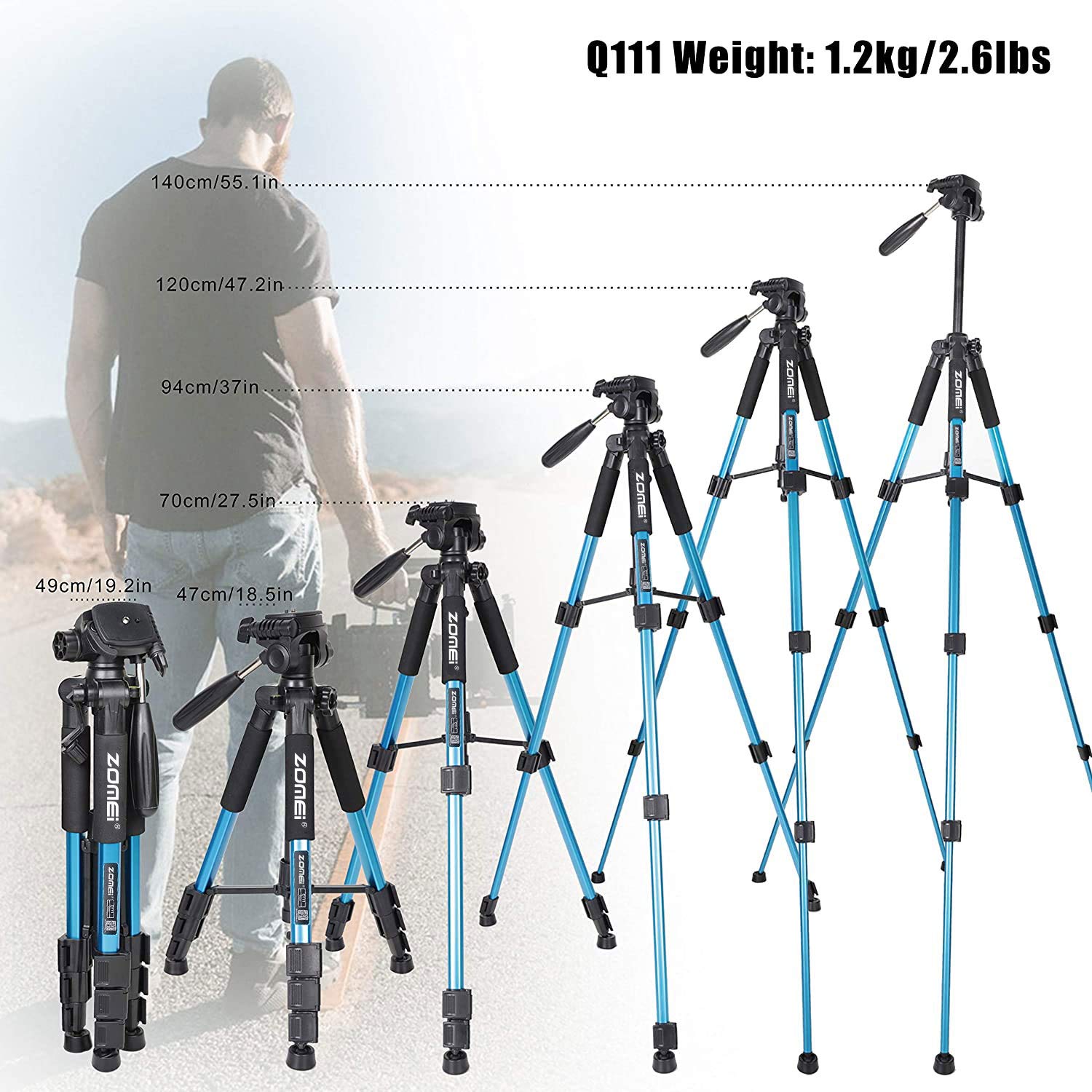 Portable 55-inch Camera Tripod Q111 Lightweight Phone Stand with Phone Holder and Quick Release Plate for DSLR Cameras,Cell Phones,Projector,Webcam,Spotting Scopes Canon EOS Nikon Sony Samsung(Blue)