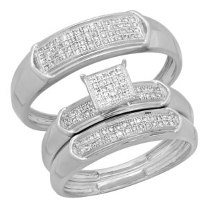 dazzlingrock collection 0.30 carat (ctw) round white diamond square framed wedding trio ring set in 925 sterling silver, women size 7 & men size 7