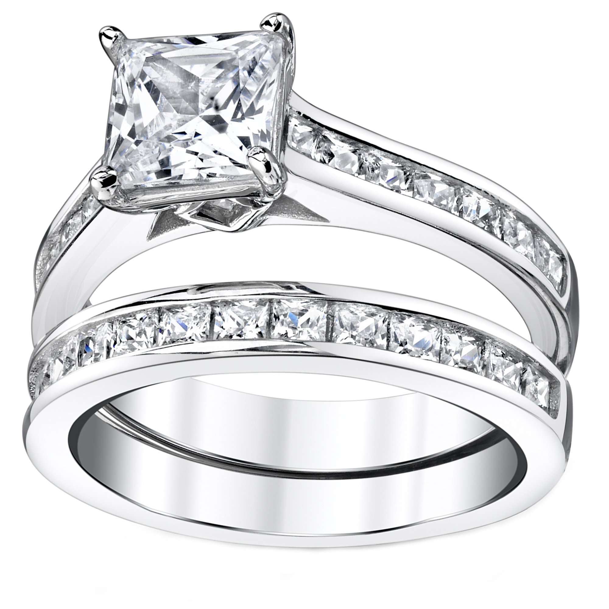 1.5 Carats Sterling Silver Cubic Zirconia Bridal Set Engagement Wedding Ring Bands Princess Cut