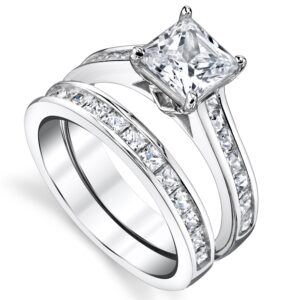 1.5 Carats Sterling Silver Cubic Zirconia Bridal Set Engagement Wedding Ring Bands Princess Cut