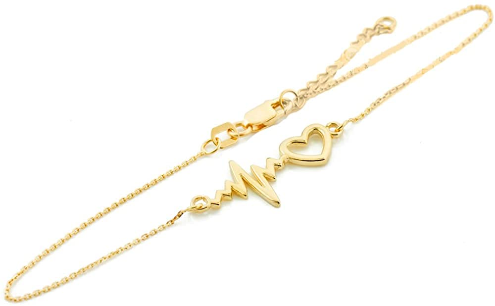 Dainty 14k Yellow Gold Heartbeat Bracelet, 7.5" Adjustable to 8"