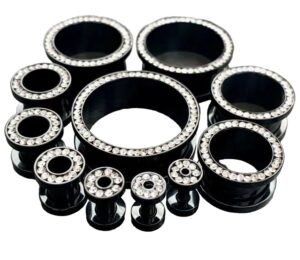 lobal domination pair of stunning clear cz gem rimmed black pvd steel screw fit tunnels - plugs - gauges - body jewelry (00g (10mm))