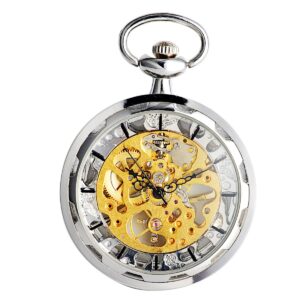 SIBOSUN Steampunk Transparent Open Face Pocket Watch for Men Women Silver Skeleton Dial with Chain + Box