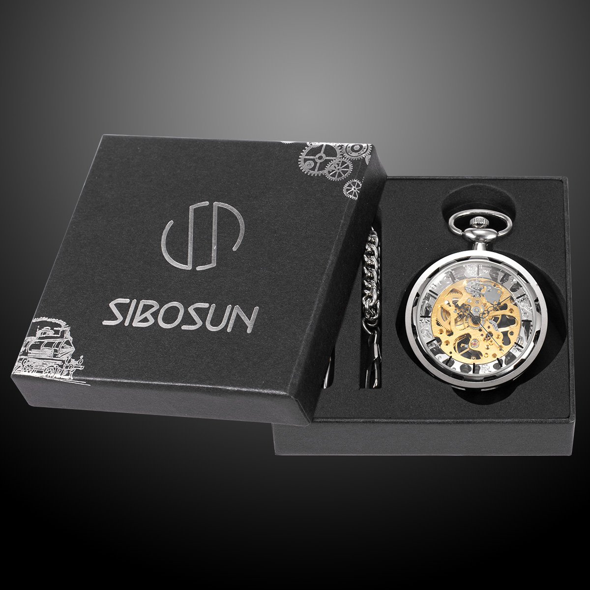 SIBOSUN Steampunk Transparent Open Face Pocket Watch for Men Women Silver Skeleton Dial with Chain + Box