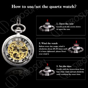 SIBOSUN Steampunk Transparent Open Face Pocket Watch for Men Women Silver Skeleton Dial with Chain + Box