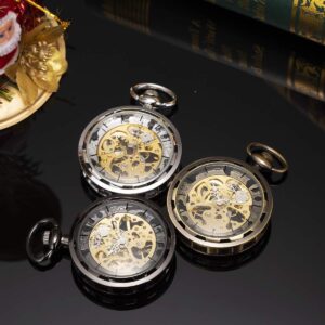 SIBOSUN Steampunk Transparent Open Face Pocket Watch for Men Women Silver Skeleton Dial with Chain + Box