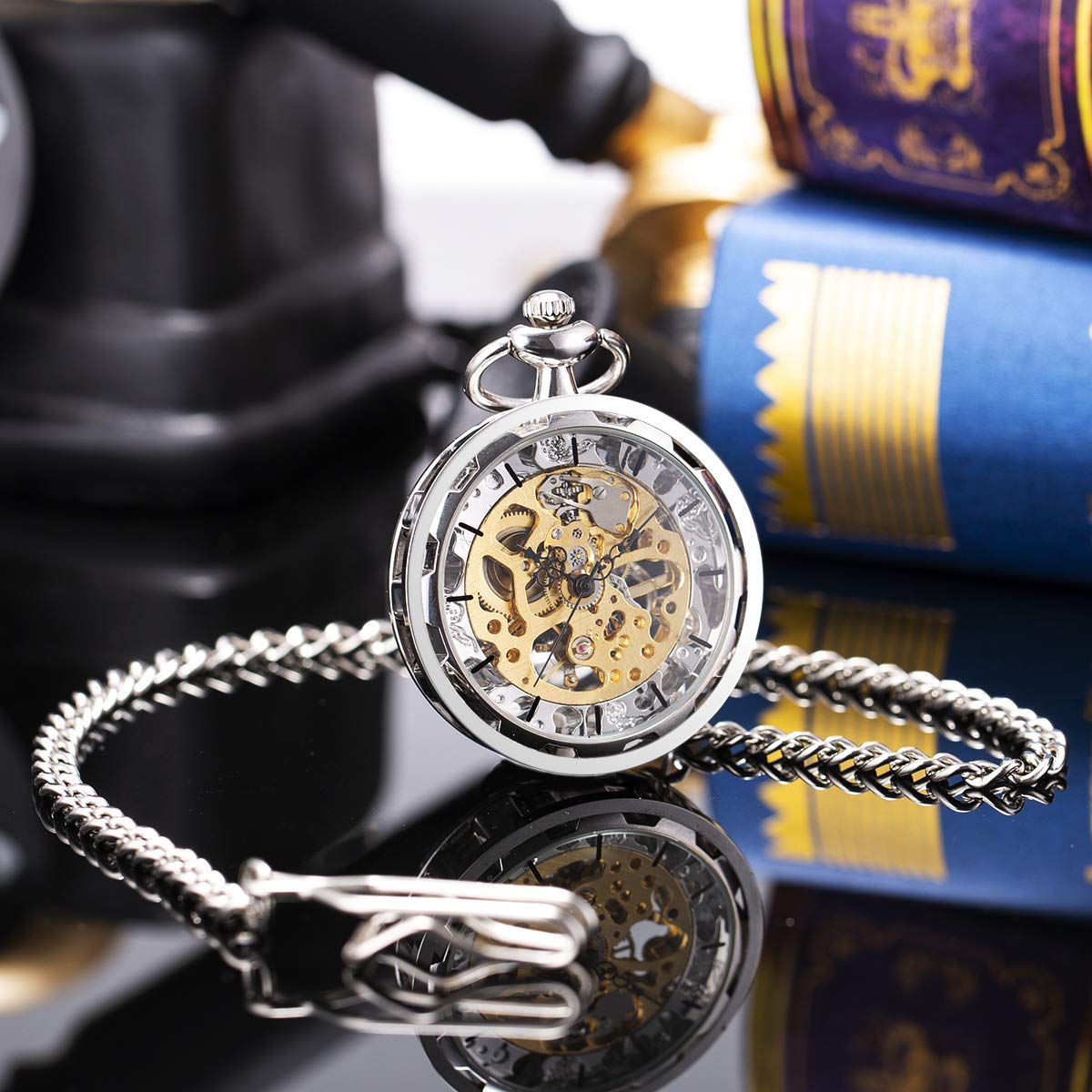 SIBOSUN Steampunk Transparent Open Face Pocket Watch for Men Women Silver Skeleton Dial with Chain + Box