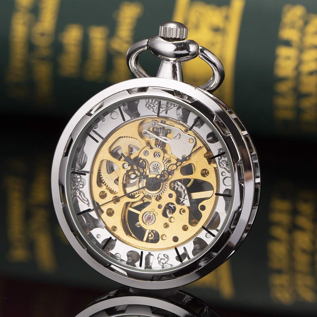 SIBOSUN Steampunk Transparent Open Face Pocket Watch for Men Women Silver Skeleton Dial with Chain + Box