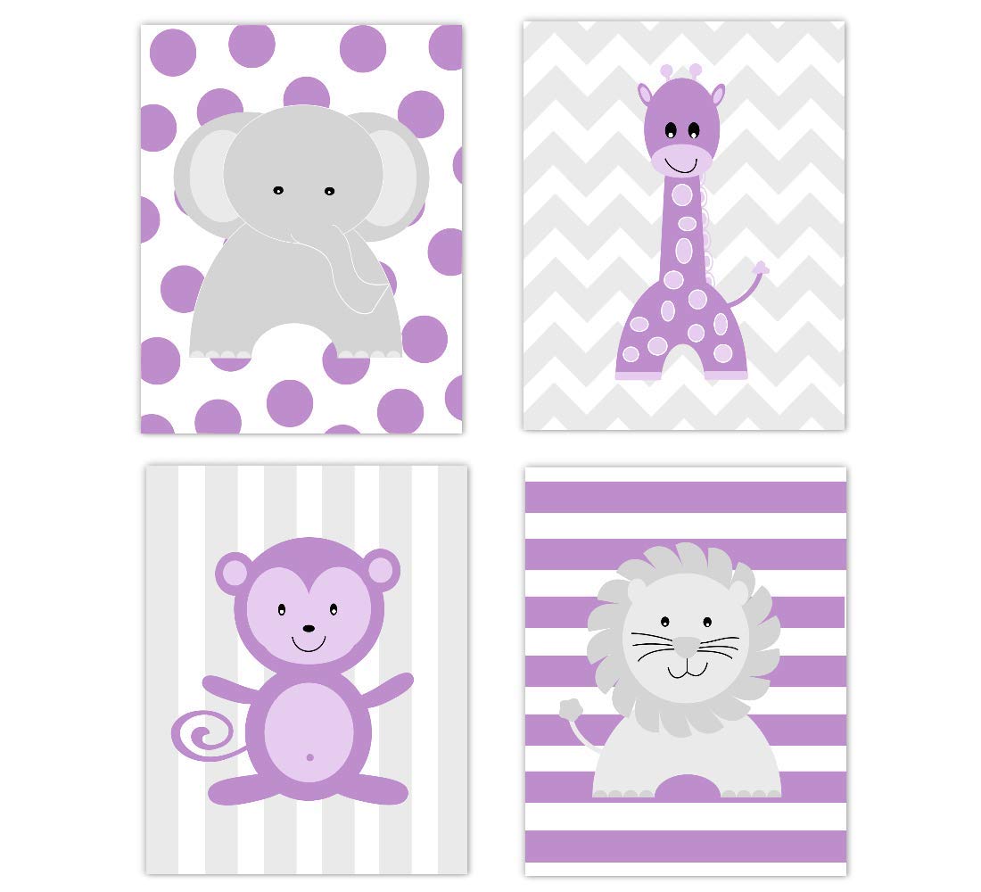 Baby Girl Nursery Wall Art Purple Elephant Giraffe Lion Monkey Safari Jungle Zoo Animals Decor 4 UNFRAMED PRINTS