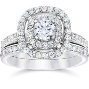 1 1/2ct Double Cushion Halo Real Diamond Engagement Wedding Ring Set White Gold - Size 8.5