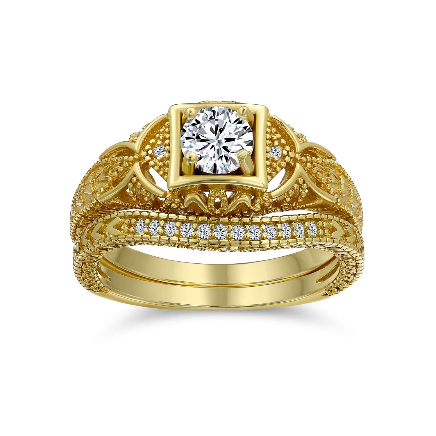 1CT Deco Style Solitaire Round AAA CZ Pave Contoured Band Engagement Wedding Ring Set 14K Gold Plated Sterling Silver