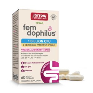 jarrow formulas fem-dophilus probiotics 1 billion cfu with 2 clinically effective strains, dietary supplement for vaginal health and urinary tract health, 60 veggie capsules, 60 day supply