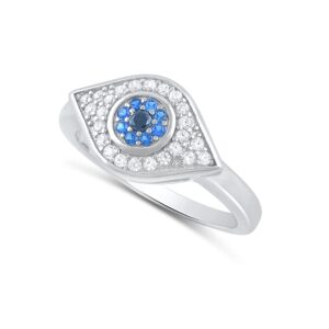 silvercloseout rhodium plated sterling silver womens blue cz evil eye ring - size 7