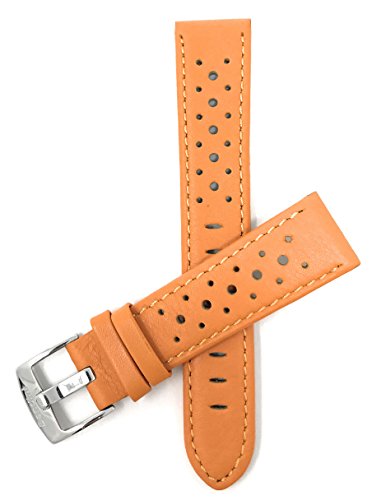 Bandini Mens Leather Rally Strap - Breathable Perforated Racing Watch Band - Replacement Racer Rally Band for Classic and Smart Watch - Orange 22mm Watch Band