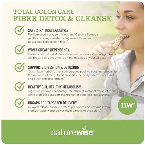 NatureWise Total Colon Care Fiber Cleanse with Herbal Laxatives, Prebiotics, & Digestive Enzymes for Healthy Elimination, Safe Digestion & Weight, Detox, & Gut Health [1 Month Supply - 60 Count]