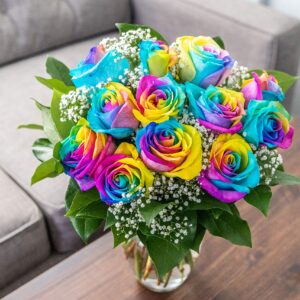 From You Flowers - One Dozen Wild Rainbow Roses with Glass Vase (Fresh Flowers) Birthday, Anniversary, Get Well, Sympathy, Congratulations, Thank You