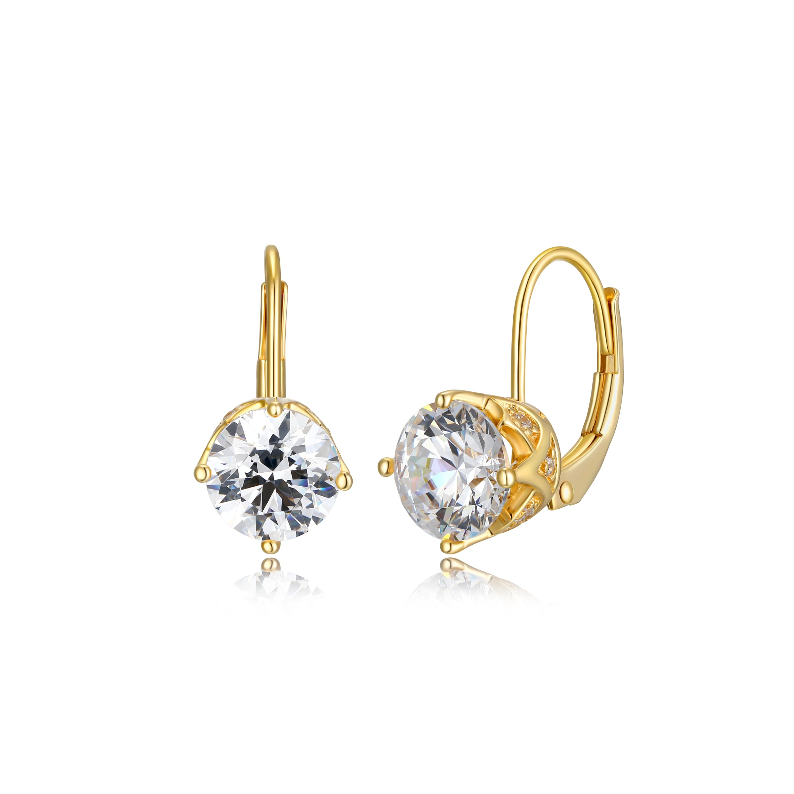 MORGAN & PAIGE 18K Yellow Gold Plated 925 Sterling Silver 7mm Cubic Zirconia Classic Solitaire Leverback Dangle Drop Earrings