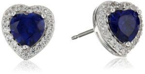 amazon essentials sterling silver created blue sapphire and created white sapphire halo heart stud earrings, (previously amazon collection)