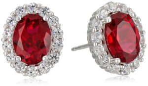 amazon essentials sterling silver created ruby and white sapphire halo oval stud earrings, (previously amazon collection)