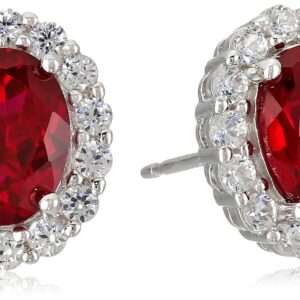 Amazon Essentials Sterling Silver Created Ruby and White Sapphire Halo Oval Stud Earrings, (previously Amazon Collection)