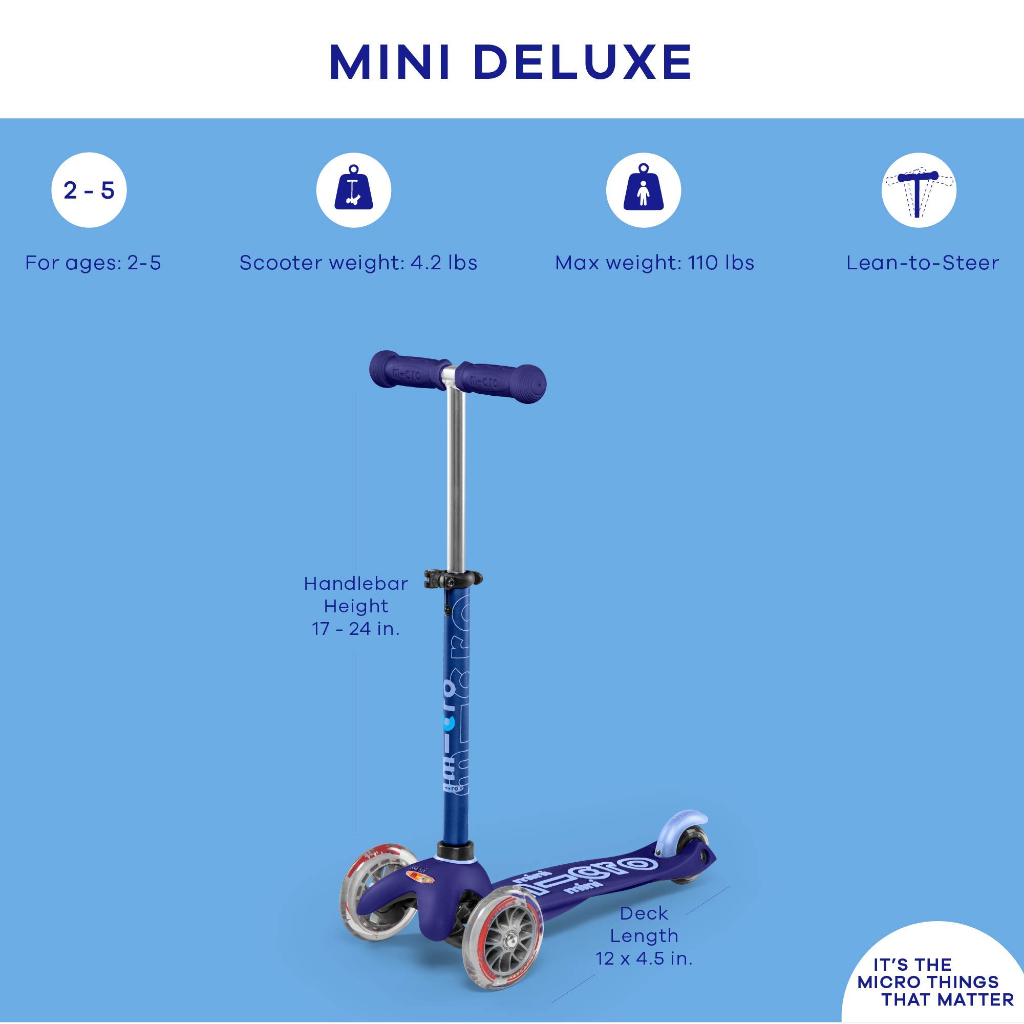 Micro Mini Deluxe 3-Wheeled, Lean-to-Steer, Swiss-Designed Micro Scooter for Kids, Ages 2-5 - Blue…