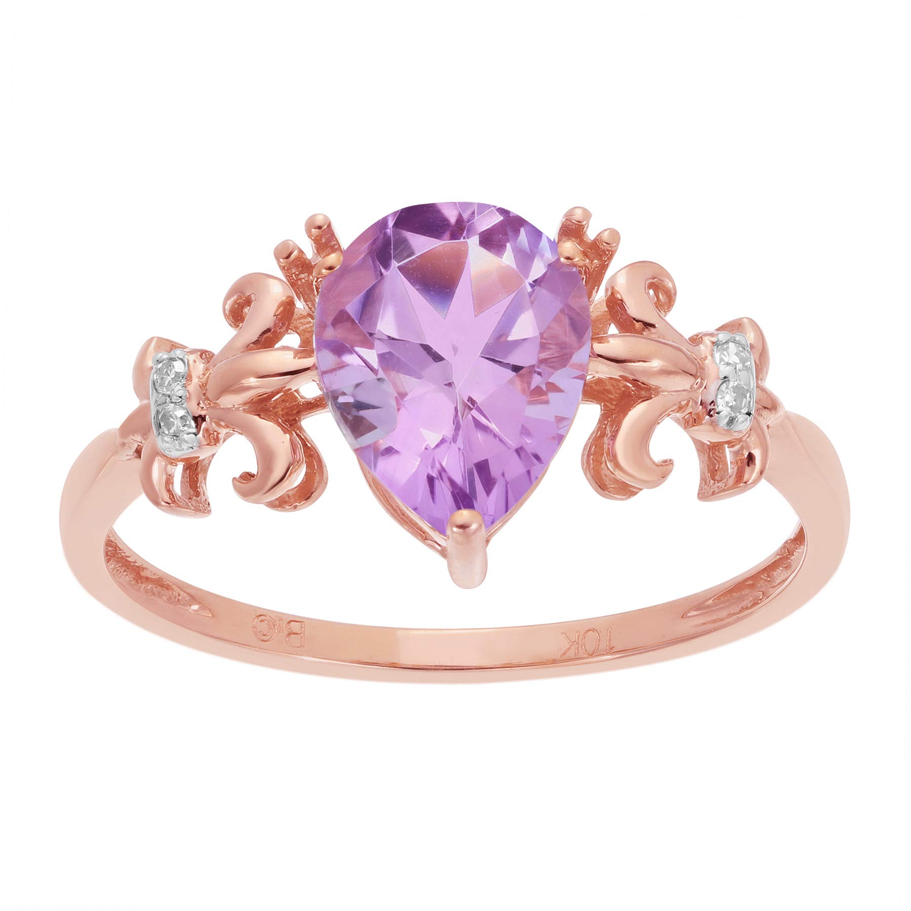 Metro Jewelry 10K Rose Gold Pear Amethyst Fleur de Lis Ring with .02 cttw Diamonds - Size 8