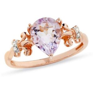 Metro Jewelry 10K Rose Gold Pear Amethyst Fleur de Lis Ring with .02 cttw Diamonds - Size 8