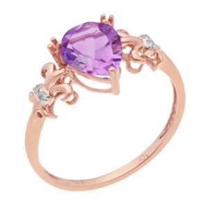 Metro Jewelry 10K Rose Gold Pear Amethyst Fleur de Lis Ring with .02 cttw Diamonds - Size 8