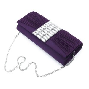 elegant pleated satin flap crystal rhinestones clutch evening bag, purple