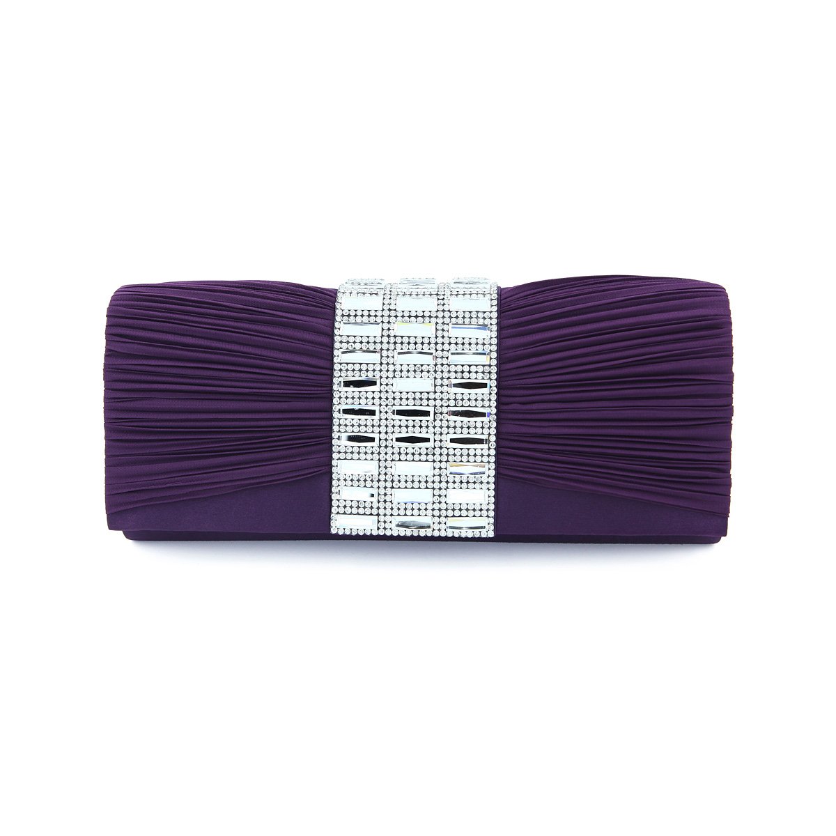 Elegant Pleated Satin Flap Crystal Rhinestones Clutch Evening Bag, Purple