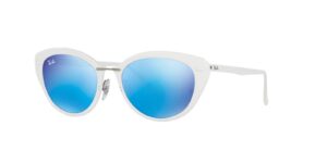 ray-ban women's rb4250 rectangular sunglasses, shiny white/green mirrored blue, 52 mm