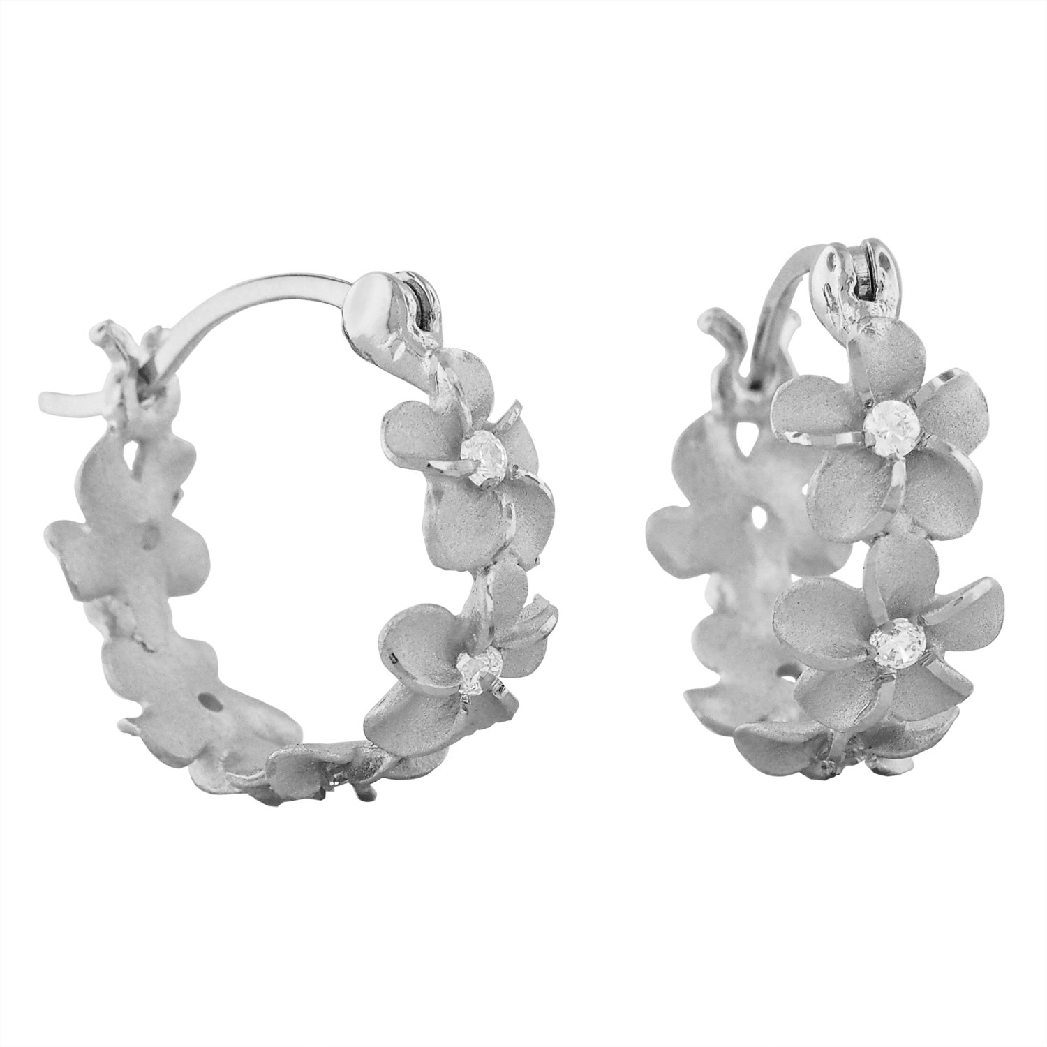 Rhodium Plated Sterling Silver 7mm Plumeria Hoop Earrings