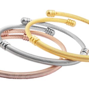 EDFORCE 3 Tone Stainless Steel Hypoallergenic Stacked Twisted Cable Wire Bangle Adjustable Cuff Bracelet Set, Set of 3, 6"-7.5" (Wire)