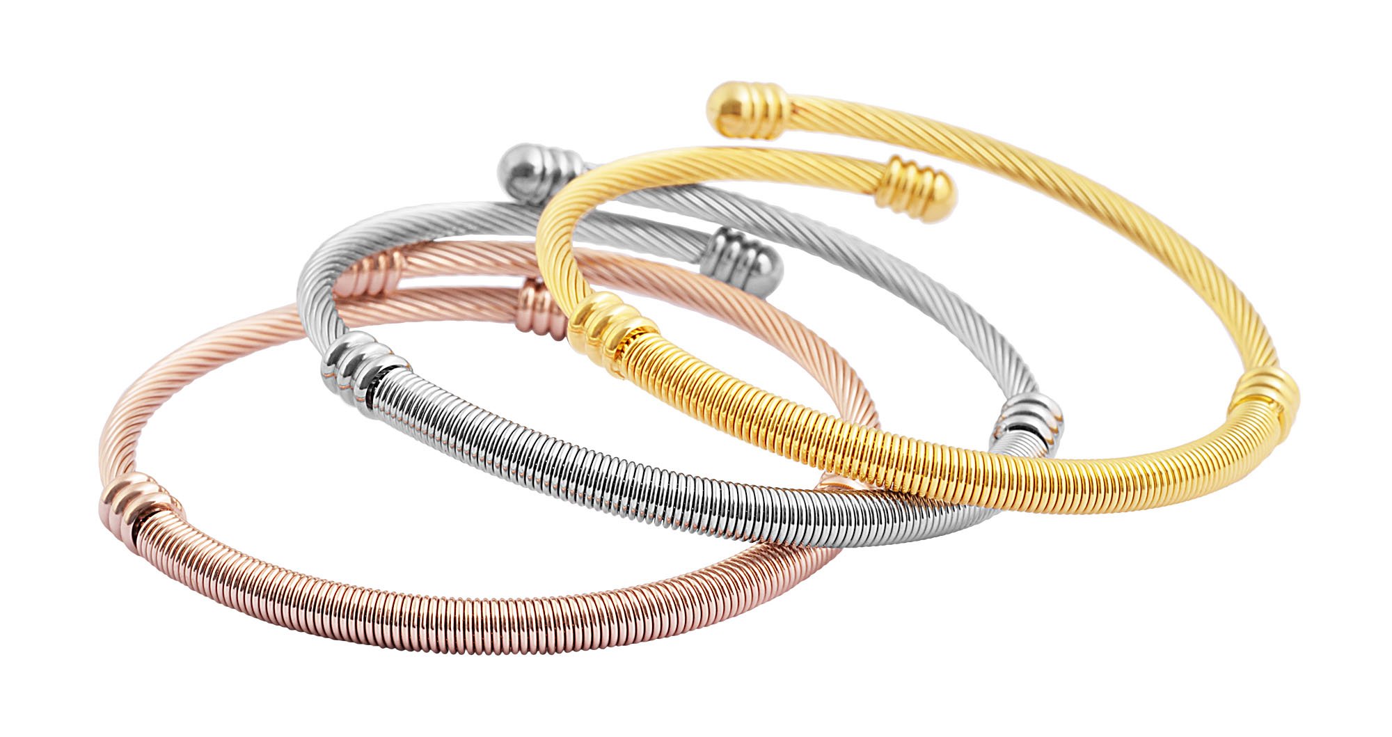 EDFORCE 3 Tone Stainless Steel Hypoallergenic Stacked Twisted Cable Wire Bangle Adjustable Cuff Bracelet Set, Set of 3, 6"-7.5" (Wire)