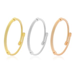 EDFORCE 3 Tone Stainless Steel Hypoallergenic Stacked Twisted Cable Wire Bangle Adjustable Cuff Bracelet Set, Set of 3, 6"-7.5" (Wire)