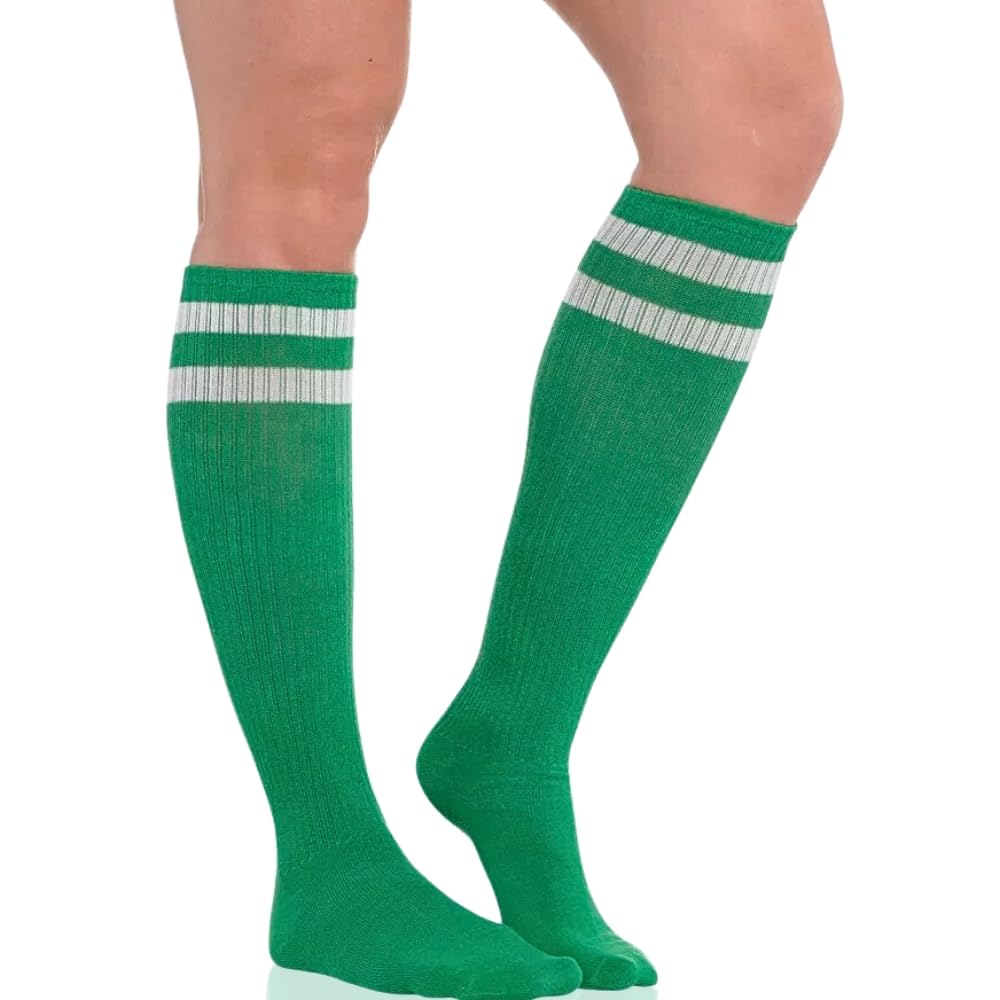 Amscan 395892.03 Green Knee High Socks with White Stripes, 19"