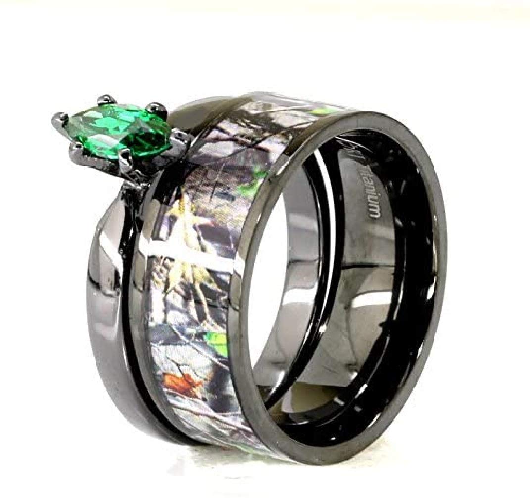 2pc Green Marquise Camo Wedding Ring Set - Black Camo Ring Set - Wedding Rings - Camo Engagement Ring - Cubic Zirconia Wedding Sets - Cz Engagement Rings - Camo Wedding Bands Set (8)