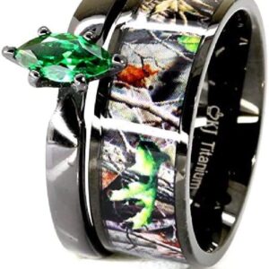 Black Titanium Camo & Geen Marquise Stainless Steel Engagement Wedding Ring Set (7)