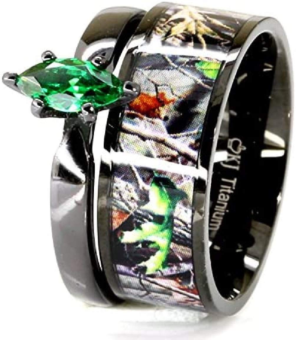 Black Titanium Camo & Geen Marquise Stainless Steel Engagement Wedding Ring Set (7)