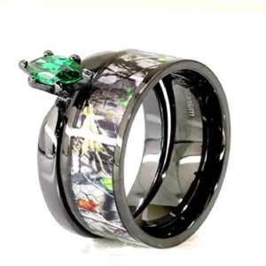 Black Titanium Camo & Geen Marquise Stainless Steel Engagement Wedding Ring Set (7)