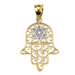 10k Yellow Gold Hamsa Hand With Star of David Diamond centered Pendant