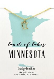 lucky feather minnesota shaped state necklace, 14k gold-dipped pendant on adjustable 16”-18” chain