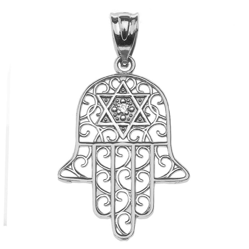 Filigree Diamond Hamsa Pendant in Sterling Silver