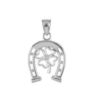 Fine 925 Sterling Silver Lucky Horseshoe with Irish 4-Leaf Clover CZ Pendant