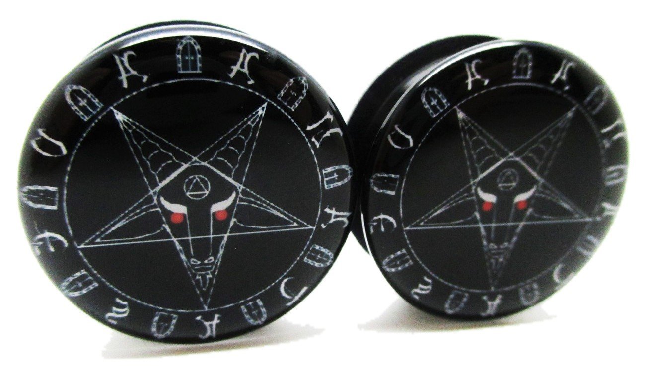 Pierced Republic Pair* Black Baphomet Pentagram Ear Plugs - Acrylic Screw-On - 10 Sizes (00 Gauge (10mm))