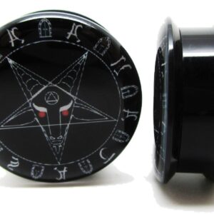 Pierced Republic Pair* Black Baphomet Pentagram Ear Plugs - Acrylic Screw-On - 10 Sizes (00 Gauge (10mm))